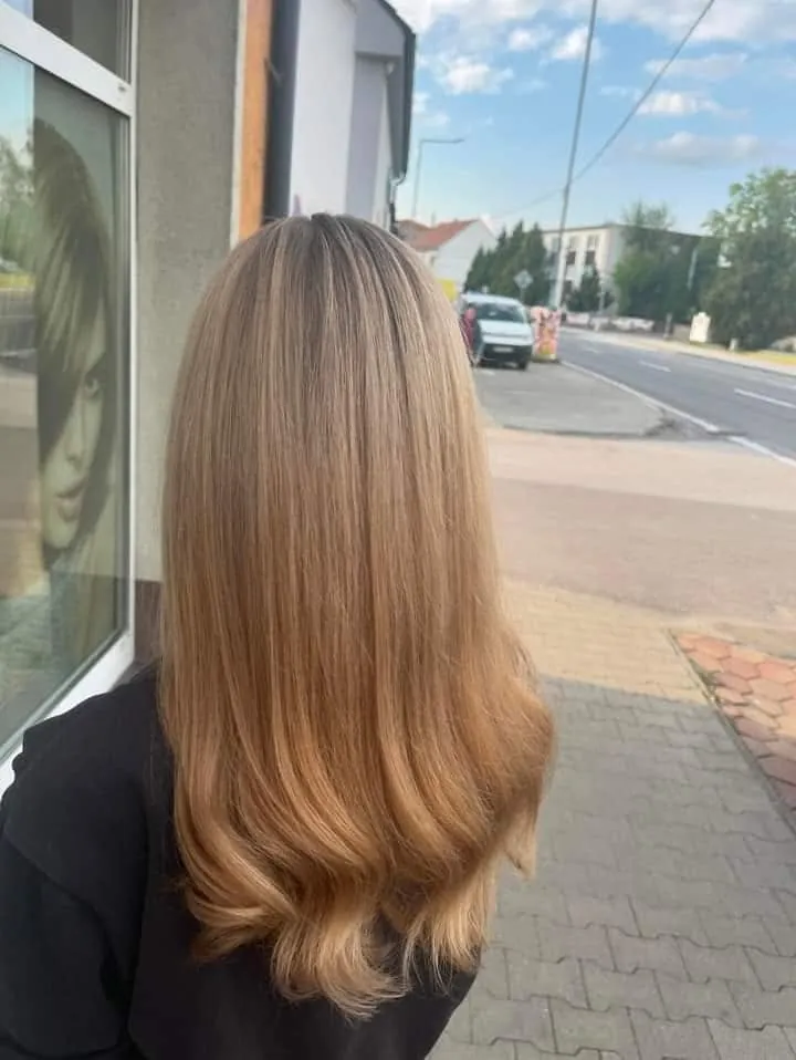 Dlhé hladké vlasy v medovom blonde, pohľad zozadu